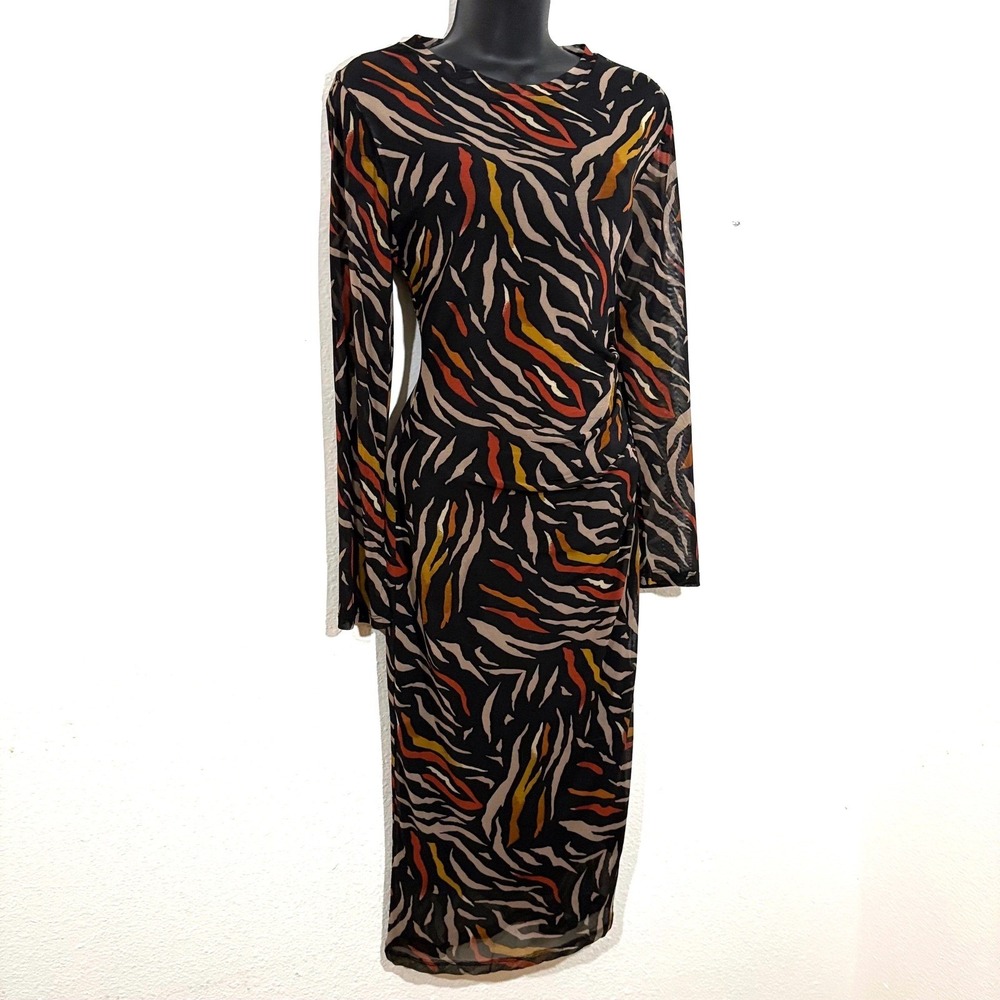 Womens M Black Zebra Print Long Sleeve Sheath Midi Dress Dark Fairy Whimsigoth